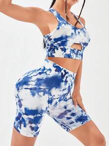 SHEIN Yoga Trendy 紮染前鏤空運動套裝 - 藍白色 - 查看 4
