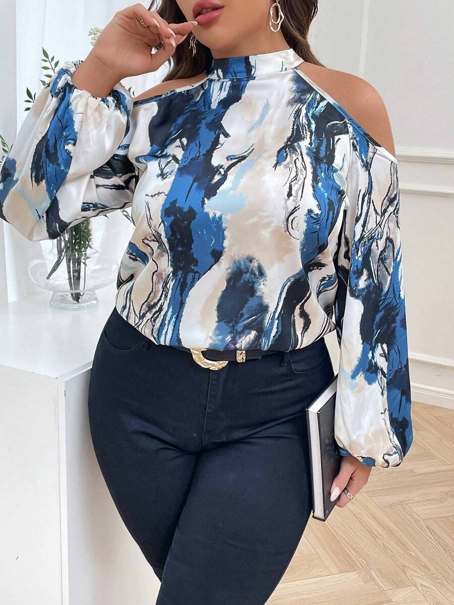 SHEIN Privé Hơn In Toàn bộ Vai lạnh Tay áo lồng đèn Áo sơ mi - Nhiều màu - Xem 1