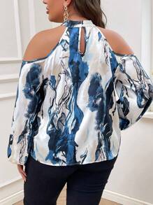 SHEIN Privé Hơn In Toàn bộ Vai lạnh Tay áo lồng đèn Áo sơ mi - Nhiều màu - Xem 2