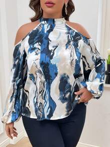 SHEIN Privé Hơn In Toàn bộ Vai lạnh Tay áo lồng đèn Áo sơ mi - Nhiều màu - Xem 6