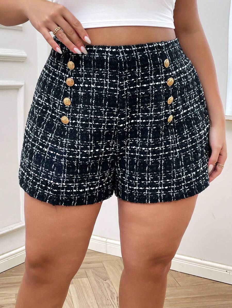 SHEIN Privé Plus Plaid Fake Button Tweed Shorts - Black and White - View 1