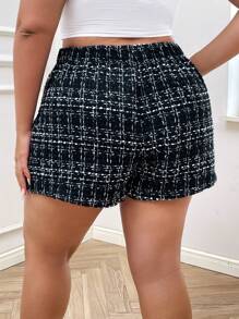 SHEIN Privé Plus Plaid Fake Button Tweed Shorts - Black and White - View 2