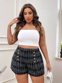 SHEIN Privé Plus Plaid Fake Button Tweed Shorts - Black and White - View 3