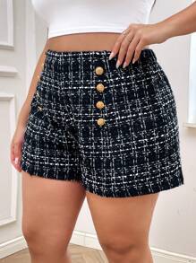 SHEIN Privé Plus Plaid Fake Button Tweed Shorts - Black and White - View 4