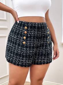 SHEIN Privé Plus Plaid Fake Button Tweed Shorts - Black and White - View 5