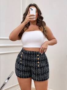 SHEIN Privé Plus Plaid Fake Button Tweed Shorts - Black and White - View 6