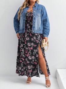 SHEIN LUNE 大碼補丁貼口袋牛仔夾克 - 中等水洗藍 - 查看 3