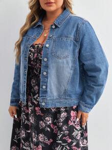 SHEIN LUNE 大碼補丁貼口袋牛仔夾克 - 中等水洗藍 - 查看 4