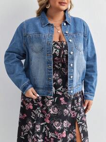 SHEIN LUNE 大碼補丁貼口袋牛仔夾克 - 中等水洗藍 - 查看 5