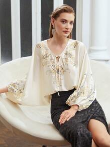 MOTF PREMIUM Hoa Tay áo bóng bay TIE-NECK Áo sơ mi - Màu be - Xem 5