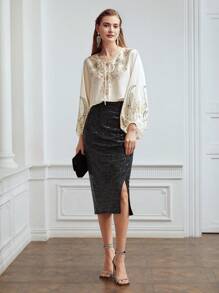 MOTF PREMIUM Hoa Tay áo bóng bay TIE-NECK Áo sơ mi - Màu be - Xem 4