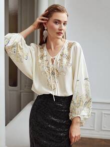 MOTF PREMIUM Hoa Tay áo bóng bay TIE-NECK Áo sơ mi - Màu be - Xem 2