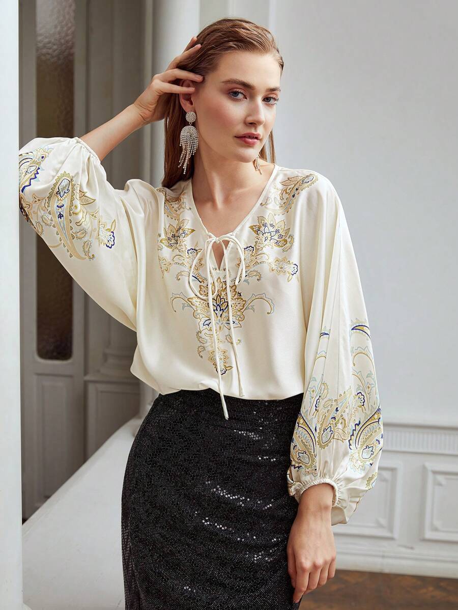 MOTF PREMIUM Hoa Tay áo bóng bay TIE-NECK Áo sơ mi