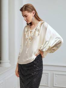 MOTF PREMIUM Hoa Tay áo bóng bay TIE-NECK Áo sơ mi - Màu be - Xem 7