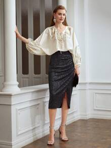 MOTF PREMIUM Hoa Tay áo bóng bay TIE-NECK Áo sơ mi - Màu be - Xem 8