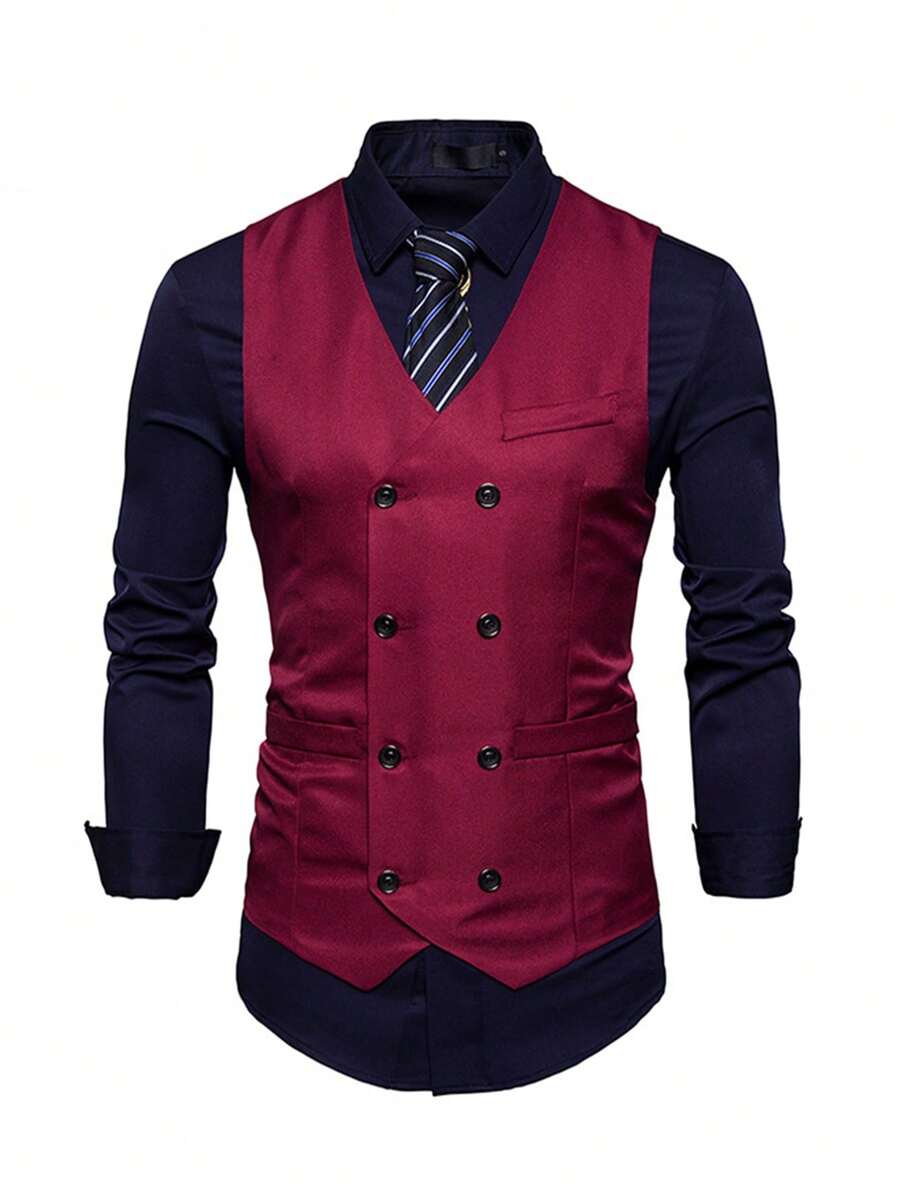 Men 1pc Double Breasted Waistcoat - Burgundy - View 1