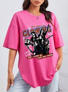 SHEIN EZwear Figure & Slogan Graphic Drop Shoulder Oversized Tee - Pink - View 1