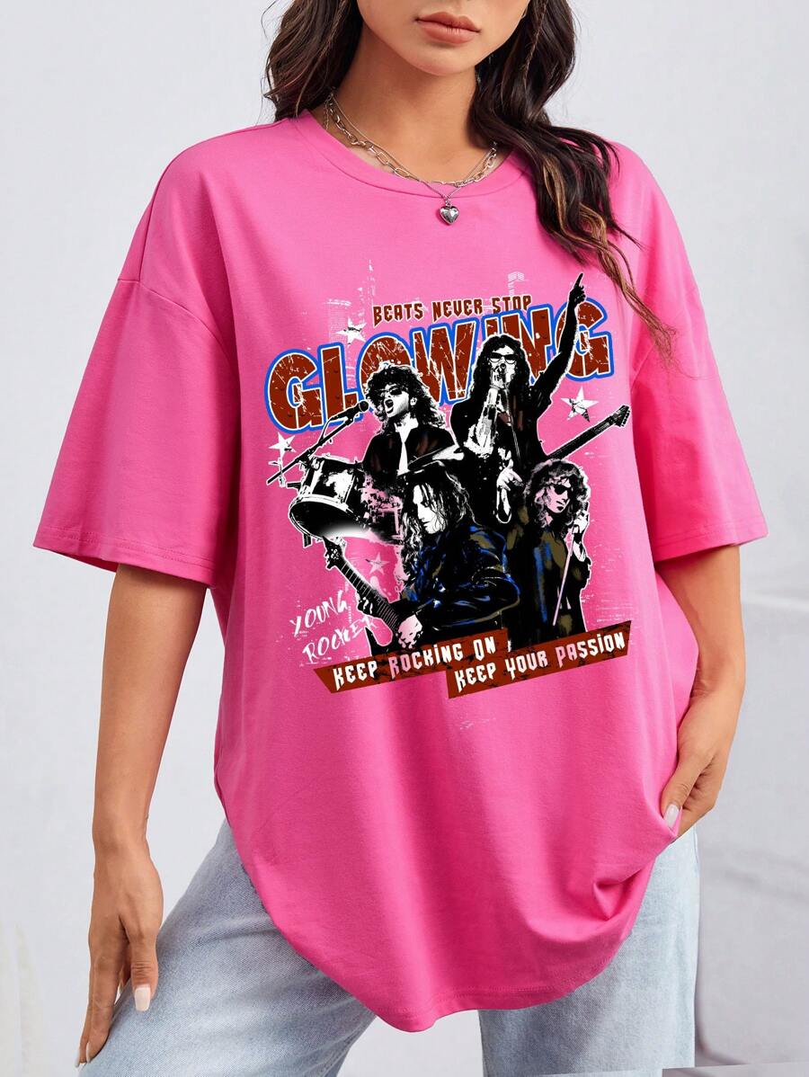 SHEIN EZwear Figure & Slogan Graphic Drop Shoulder Oversized Tee - Pink - View 1