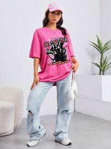 SHEIN EZwear Figure & Slogan Graphic Drop Shoulder Oversized Tee - Pink - View 3
