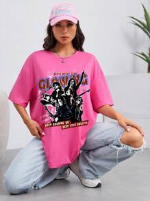 SHEIN EZwear Figure & Slogan Graphic Drop Shoulder Oversized Tee - Pink - View 5