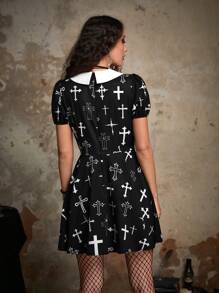 ROMWE Goth Cross Allover Print Contrast Collar Dress Without Corset - Black and White - View 2