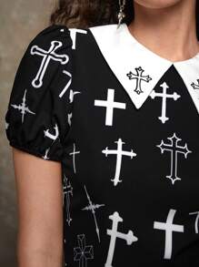 ROMWE Goth Cross Allover Print Contrast Collar Dress Without Corset - Black and White - View 3
