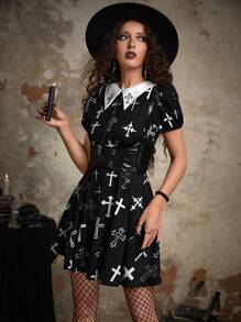 ROMWE Goth Cross Allover Print Contrast Collar Dress Without Corset - Black and White - View 4