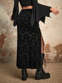 ROMWE Goth Jacquard Split Thigh Skirt - Black - View 2