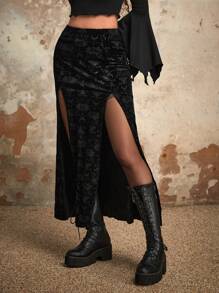 ROMWE Goth Jacquard Split Thigh Skirt - Black - View 3