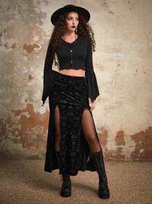 ROMWE Goth Jacquard Split Thigh Skirt - Black - View 4