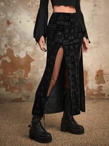 ROMWE Goth Jacquard Split Thigh Skirt - Black - View 5