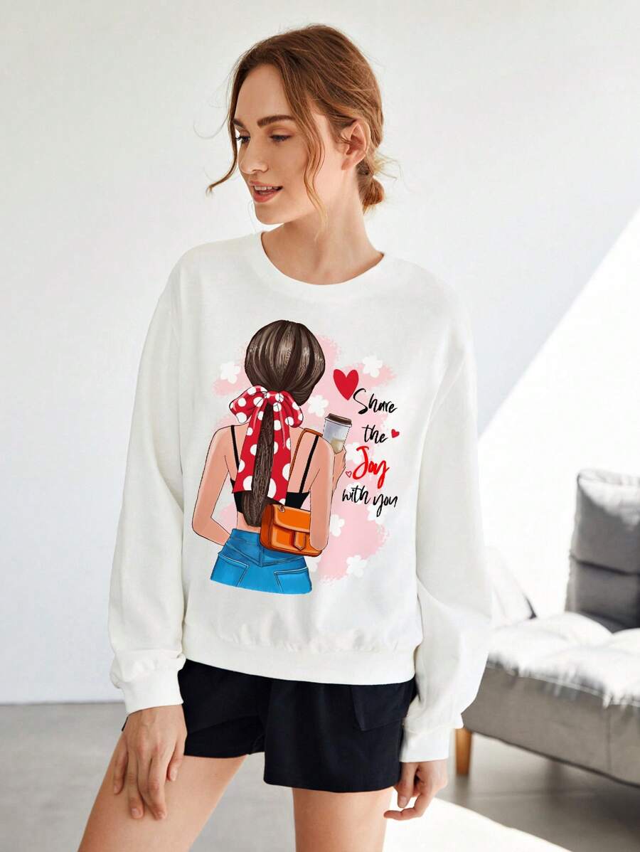 SHEIN Essnce 休閒簡約的卡通圖案寬鬆女士連帽衫，適用於秋冬季節 - 白色 - 查看 1
