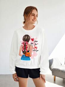 SHEIN Essnce 休閒簡約的卡通圖案寬鬆女士連帽衫，適用於秋冬季節 - 白色 - 查看 5