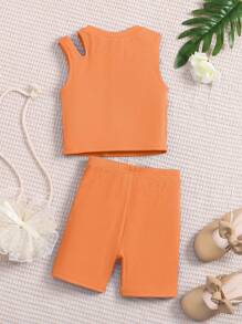 SHEIN Cô Gái Trẻ Cắt ra Áo ba lỗ & Quần short đi xe - trái cam - Xem 2