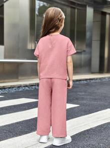 SHEIN 女小童字母補丁細節上衣和褲子 - 藕粉色 - 查看 2