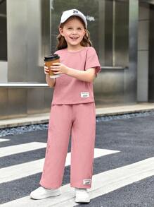 SHEIN 女小童字母補丁細節上衣和褲子 - 藕粉色 - 查看 6