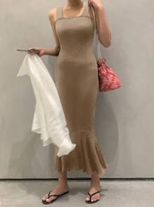 DAZY Vestido de mujer con volantes en el bajo, vestido de boda - Caqui - Ver 4