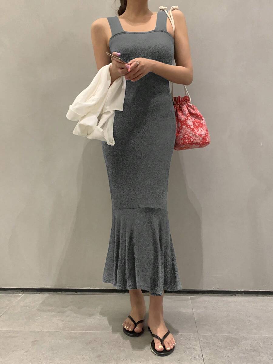 DAZY 素色荷葉邊吊帶洋裝 - 灰色 - 查看 1