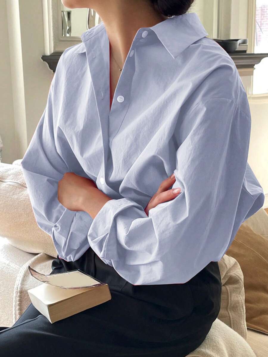 DAZY Solid Drop Shoulder Button Front Shirt,Long Sleeve Tops - Baby Blue - View 1