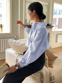 DAZY Solid Drop Shoulder Button Front Shirt,Long Sleeve Tops - Baby Blue - View 3