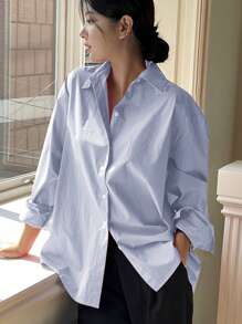 DAZY Solid Drop Shoulder Button Front Shirt,Long Sleeve Tops - Baby Blue - View 4