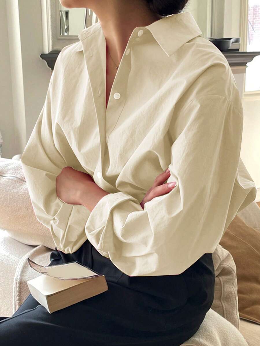 Solid Button Front Drop Shoulder Shirt Long Sleeve Women - Khaki - View 1