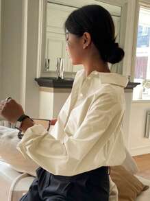 Solid Button Front Drop Shoulder Shirt Long Sleeve Women - Khaki - View 2