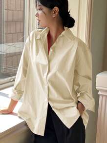 Solid Button Front Drop Shoulder Shirt Long Sleeve Women - Khaki - View 5