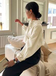 Solid Button Front Drop Shoulder Shirt Long Sleeve Women - Khaki - View 6