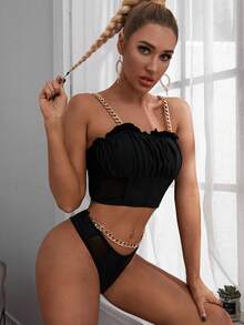 Chuỗi Dây đeo Nếp gấp Phần Ngực Bộ đồ bơi Bikini - màu đen - Xem 3