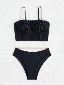 Chuỗi Dây đeo Nếp gấp Phần Ngực Bộ đồ bơi Bikini - màu đen - Xem 6