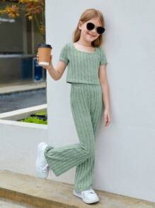 SHEIN Tween Girl Solid Color Casual 2pcs/Set Outfit, Including Square Neck T-Shirt And Flared Leg Pants - Mint Green - View 1