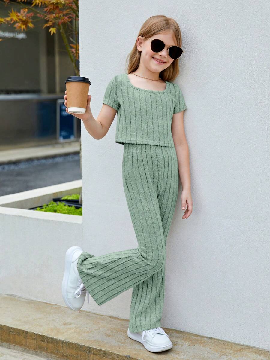 SHEIN Tween Girl Solid Color Casual 2pcs/Set Outfit, Including Square Neck T-Shirt And Flared Leg Pants - Mint Green - View 1