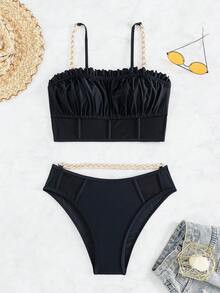 Chuỗi Dây đeo Nếp gấp Phần Ngực Bộ đồ bơi Bikini - màu đen - Xem 8